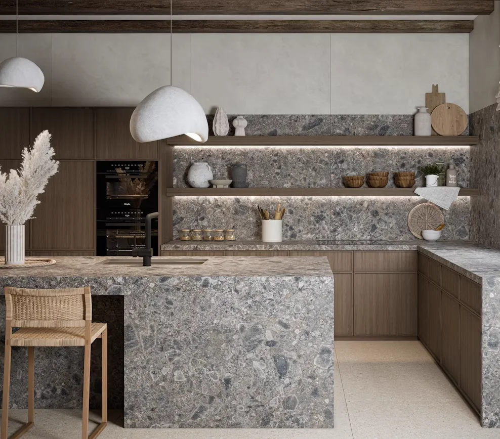 Cocina contemporánea con encimera y revestimiento pétreo, madera y luz indirecta