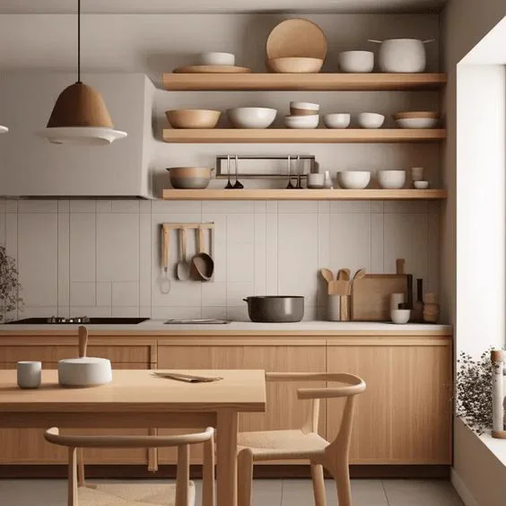 Cocina luminosa con madera clara, baldas abiertas y vajilla artesanal