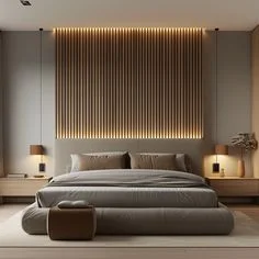Dormitorio contemporáneo con iluminación indirecta y tonos neutros