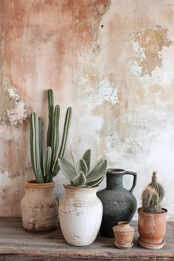 Detalle de plantas, cerámica y textura mural en tonos tierra